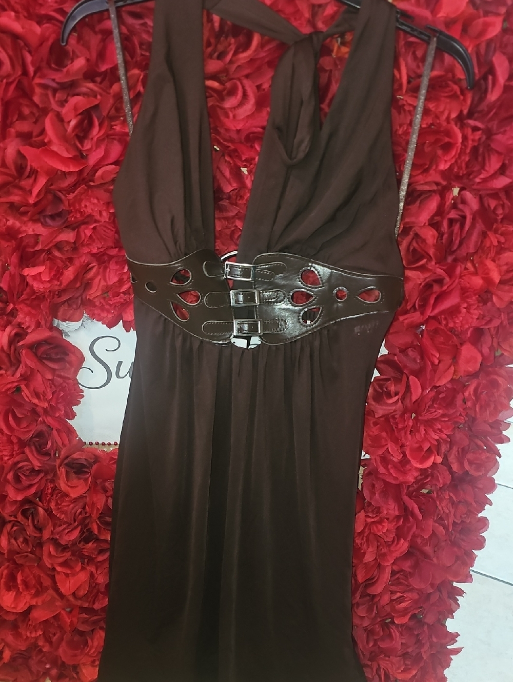 Aggie NWT Women's Brown Halter Dress with Decorative Cutout Belt Sides Size Med